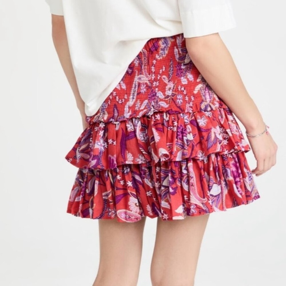 SUNDRY Red & Purple Floral Tiered Ruffle Mini Skirt Cottagecore Boho Festival - Picture 2 of 14